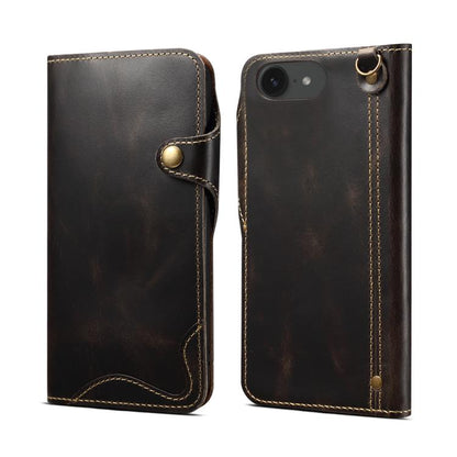 Denior B01 Oil Wax Cowhide Magnetic Button Genuine Leather Case, For iPhone 16e, For iPhone 16 Pro Max, For iPhone 16 Pro, For iPhone 16 Plus, For iPhone 16