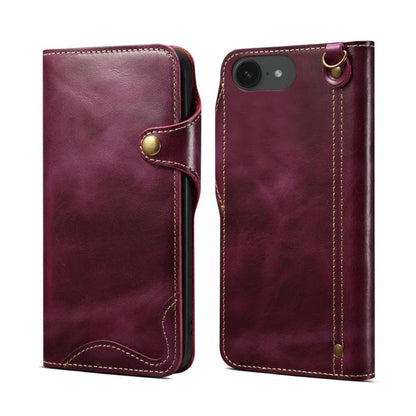Denior B01 Oil Wax Cowhide Magnetic Button Genuine Leather Case, For iPhone 16e, For iPhone 16 Pro Max, For iPhone 16 Pro, For iPhone 16 Plus, For iPhone 16
