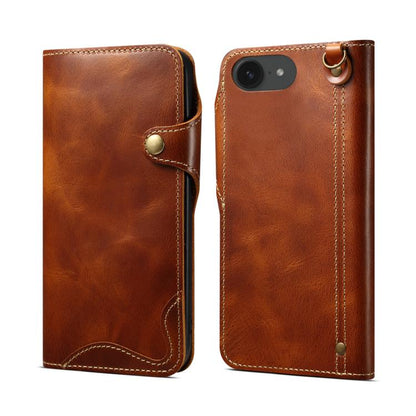Denior B01 Oil Wax Cowhide Magnetic Button Genuine Leather Case, For iPhone 16e, For iPhone 16 Pro Max, For iPhone 16 Pro, For iPhone 16 Plus, For iPhone 16