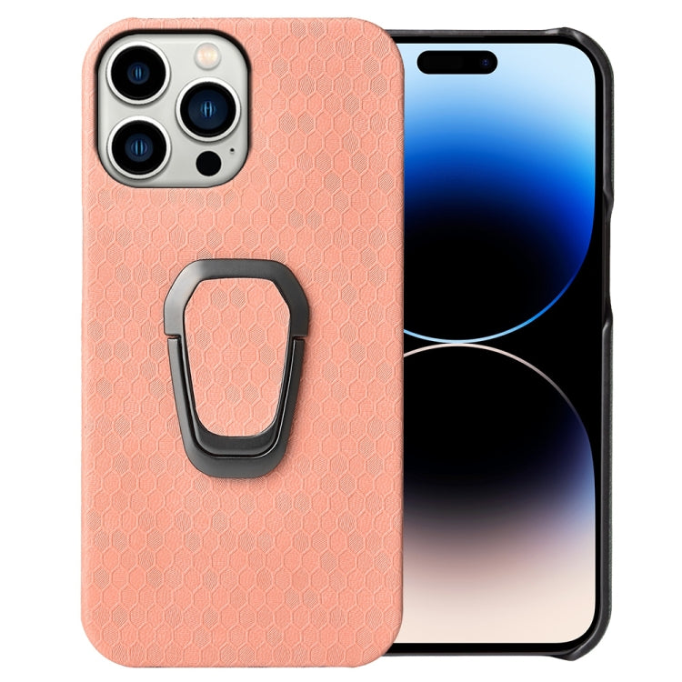 For iPhone 14 Pro Max Ring Holder Honeycomb PU Phone Case, For iPhone 14 Pro Max