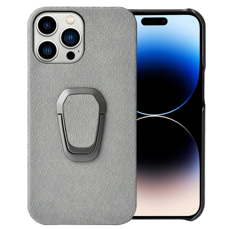 Ring Holder Honeycomb PU Phone Case For iPhone 14 Pro, For iPhone 14 Pro