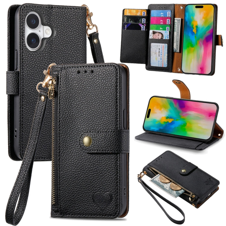 Love Zipper Lanyard Leather Phone Case, For iPhone 16e, For iPhone 16 Pro Max, For iPhone 16 Pro, For iPhone 16 Plus, For iPhone 16, For iPhone 15 Pro Max, For iPhone 15 Pro, For iPhone 15 Plus