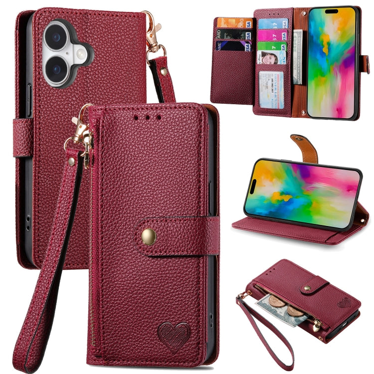 Love Zipper Lanyard Leather Phone Case, For iPhone 16e, For iPhone 16 Pro Max, For iPhone 16 Pro, For iPhone 16 Plus, For iPhone 16, For iPhone 15 Pro Max, For iPhone 15 Pro, For iPhone 15 Plus