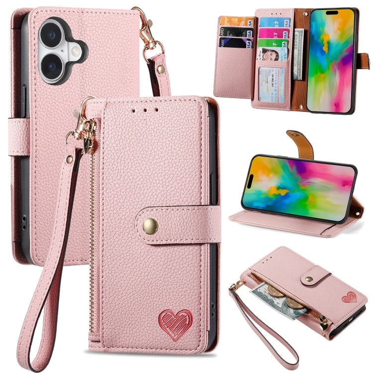 Love Zipper Lanyard Leather Phone Case, For iPhone 16e, For iPhone 16 Pro Max, For iPhone 16 Pro, For iPhone 16 Plus, For iPhone 16, For iPhone 15 Pro Max, For iPhone 15 Pro, For iPhone 15 Plus