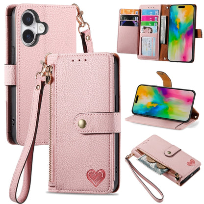 Love Zipper Lanyard Leather Phone Case, For iPhone 16e, For iPhone 16 Pro Max, For iPhone 16 Pro, For iPhone 16 Plus, For iPhone 16, For iPhone 15 Pro Max, For iPhone 15 Pro, For iPhone 15 Plus
