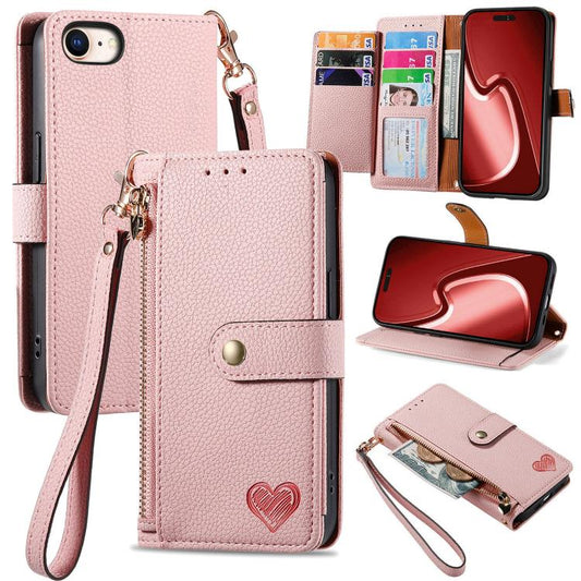 Love Zipper Lanyard Leather Phone Case, For iPhone 16e, For iPhone 16 Pro Max, For iPhone 16 Pro, For iPhone 16 Plus, For iPhone 16, For iPhone 15 Pro Max, For iPhone 15 Pro, For iPhone 15 Plus