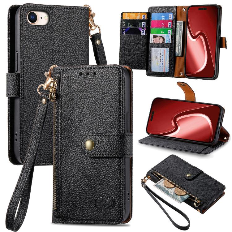 Love Zipper Lanyard Leather Phone Case, For iPhone 16e, For iPhone 16 Pro Max, For iPhone 16 Pro, For iPhone 16 Plus, For iPhone 16, For iPhone 15 Pro Max, For iPhone 15 Pro, For iPhone 15 Plus