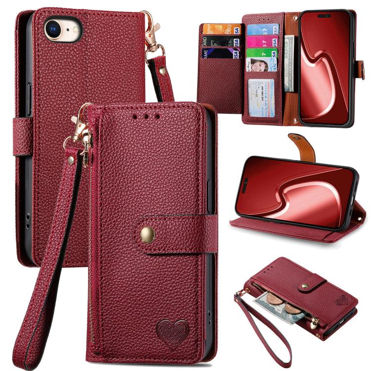 Love Zipper Lanyard Leather Phone Case, For iPhone 16e, For iPhone 16 Pro Max, For iPhone 16 Pro, For iPhone 16 Plus, For iPhone 16, For iPhone 15 Pro Max, For iPhone 15 Pro, For iPhone 15 Plus