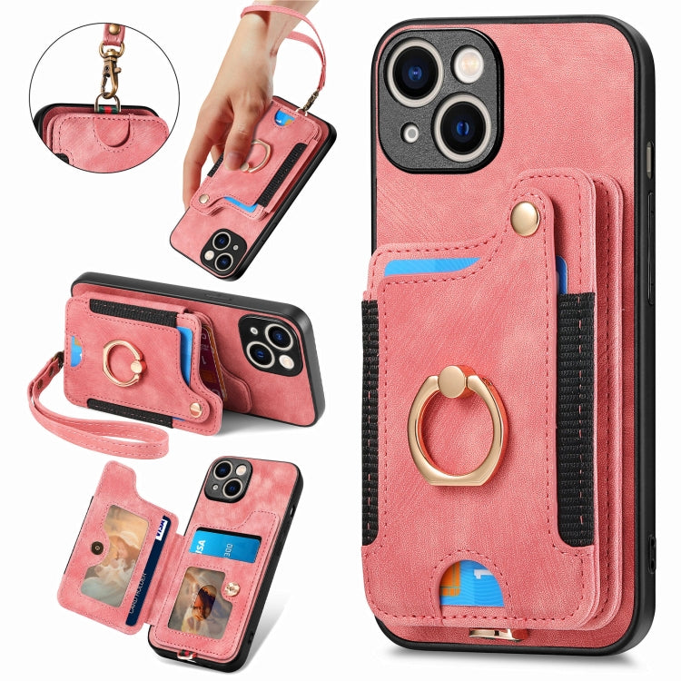 Retro Skin-feel Ring Multi-card Wallet Phone Case, For iPhone 15