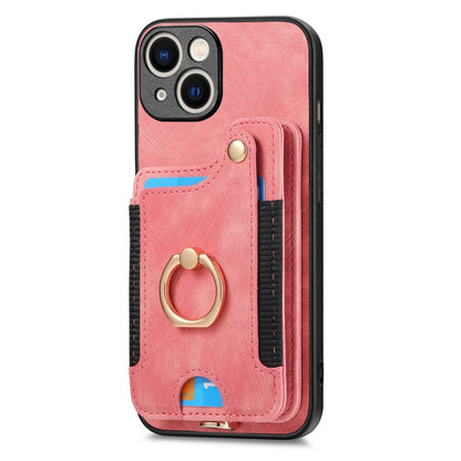 Retro Skin-feel Ring Multi-card Wallet Phone Case, For iPhone 15