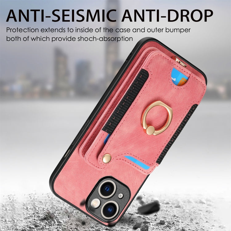 Retro Skin-feel Ring Multi-card Wallet Phone Case, For iPhone 15