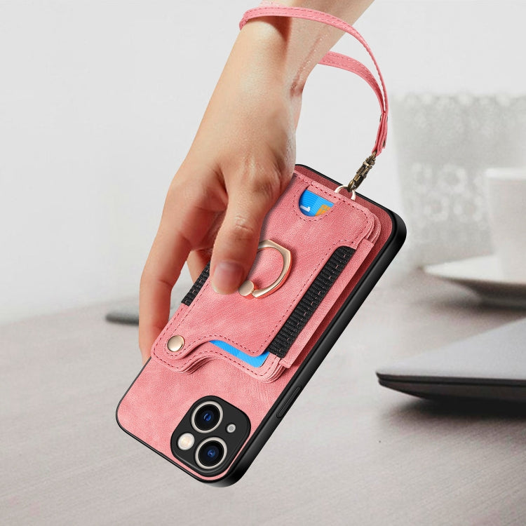 Retro Skin-feel Ring Multi-card Wallet Phone Case, For iPhone 15