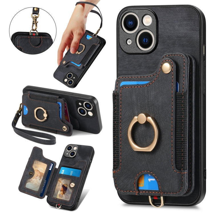 Retro Skin-feel Ring Multi-card Wallet Phone Case, For iPhone 15