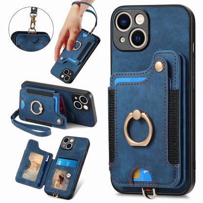Retro Skin-feel Ring Multi-card Wallet Phone Case, For iPhone 15