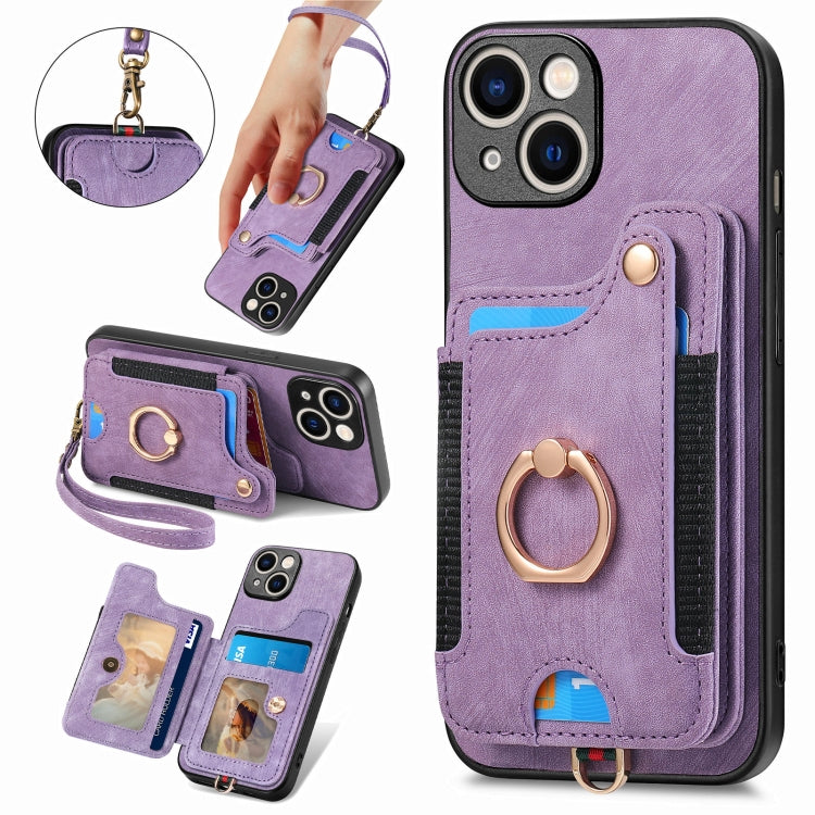 Retro Skin-feel Ring Multi-card Wallet Phone Case, For iPhone 15