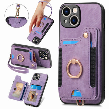 Retro Skin-feel Ring Multi-card Wallet Phone Case, For iPhone 15