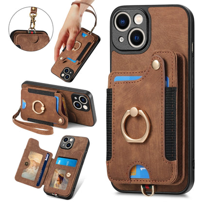 Retro Skin-feel Ring Multi-card Wallet Phone Case, For iPhone 15