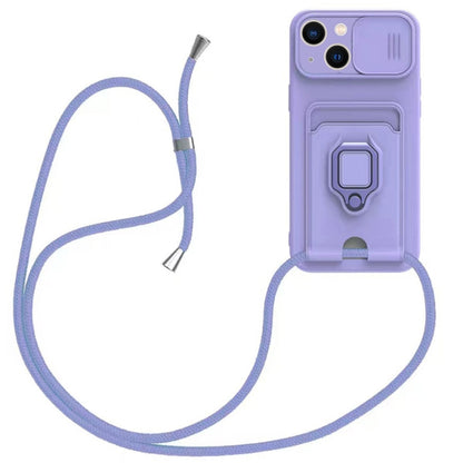 Sliding Camshield Magnetic Card Holder Silicone Phone Case with Lanyard, For iPhone 15, For iPhone 14 Plus, For iPhone 14, For iPhone 14 Pro, For iPhone 14 Pro Max, For iPhone 13 Pro Max, For iPhone 13 Pro, For iPhone 13