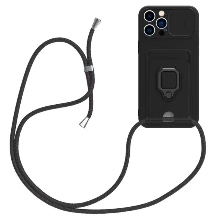 Sliding Camshield Magnetic Card Holder Silicone Phone Case with Lanyard, For iPhone 15, For iPhone 14 Plus, For iPhone 14, For iPhone 14 Pro, For iPhone 14 Pro Max, For iPhone 13 Pro Max, For iPhone 13 Pro, For iPhone 13
