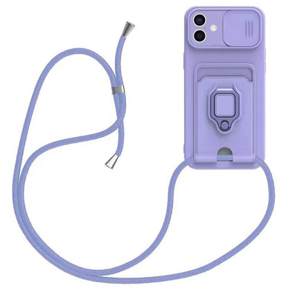 Sliding Camshield Magnetic Card Holder Silicone Phone Case with Lanyard, For iPhone 16e, For iPhone 16 Pro Max, For iPhone 16 Pro, For iPhone 16 Plus, For iPhone 16, For iPhone 15 Pro Max, For iPhone 15 Pro, For iPhone 15 Plus