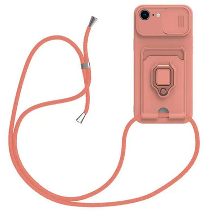 Sliding Camshield Magnetic Card Holder Silicone Phone Case with Lanyard, For iPhone 16e, For iPhone 16 Pro Max, For iPhone 16 Pro, For iPhone 16 Plus, For iPhone 16, For iPhone 15 Pro Max, For iPhone 15 Pro, For iPhone 15 Plus