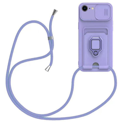 Sliding Camshield Magnetic Card Holder Silicone Phone Case with Lanyard, For iPhone 16e, For iPhone 16 Pro Max, For iPhone 16 Pro, For iPhone 16 Plus, For iPhone 16, For iPhone 15 Pro Max, For iPhone 15 Pro, For iPhone 15 Plus