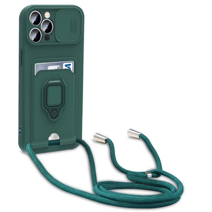 Sliding Camshield Magnetic Card Holder Silicone Phone Case with Lanyard, For iPhone 15, For iPhone 14 Plus, For iPhone 14, For iPhone 14 Pro, For iPhone 14 Pro Max, For iPhone 13 Pro Max, For iPhone 13 Pro, For iPhone 13