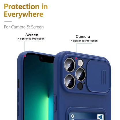 Sliding Camshield Magnetic Card Holder Silicone Phone Case with Lanyard, For iPhone 15, For iPhone 14 Plus, For iPhone 14, For iPhone 14 Pro, For iPhone 14 Pro Max, For iPhone 13 Pro Max, For iPhone 13 Pro, For iPhone 13