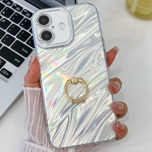 Plating Glitter Texture Ring Holder TPU Phone Case with Lens Film, For iPhone 16 Plus, For iPhone 16