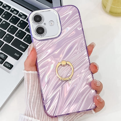 Plating Glitter Texture Ring Holder TPU Phone Case with Lens Film, For iPhone 16 Plus, For iPhone 16