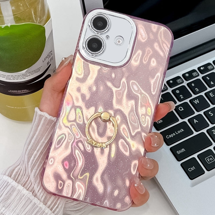 Plating Glitter Texture Ring Holder TPU Phone Case with Lens Film, For iPhone 16 Plus, For iPhone 16