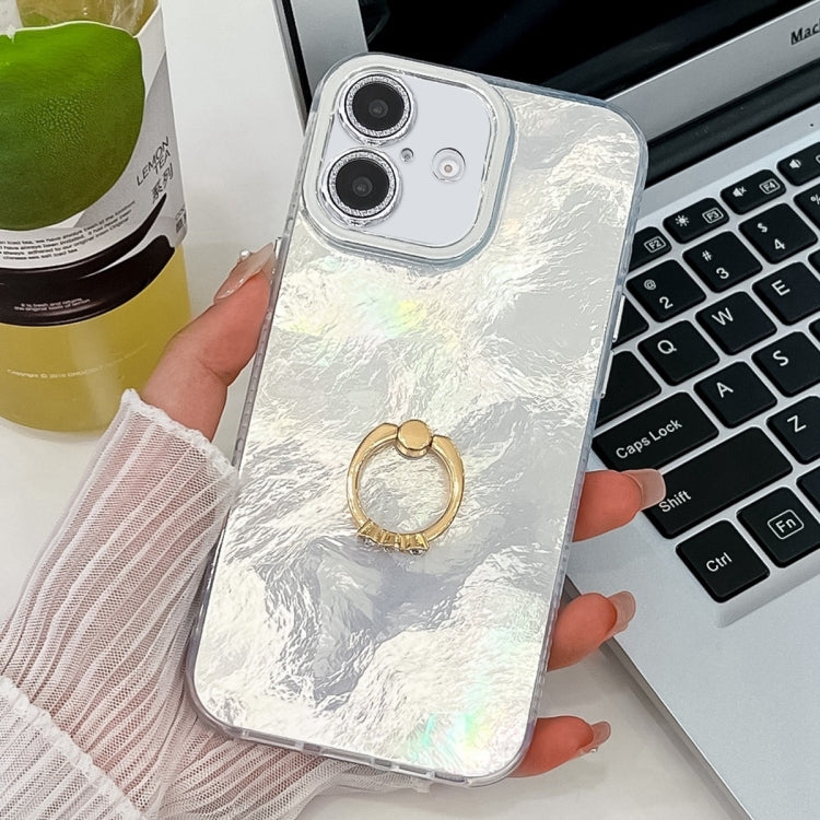 Plating Glitter Texture Ring Holder TPU Phone Case with Lens Film, For iPhone 16 Plus, For iPhone 16