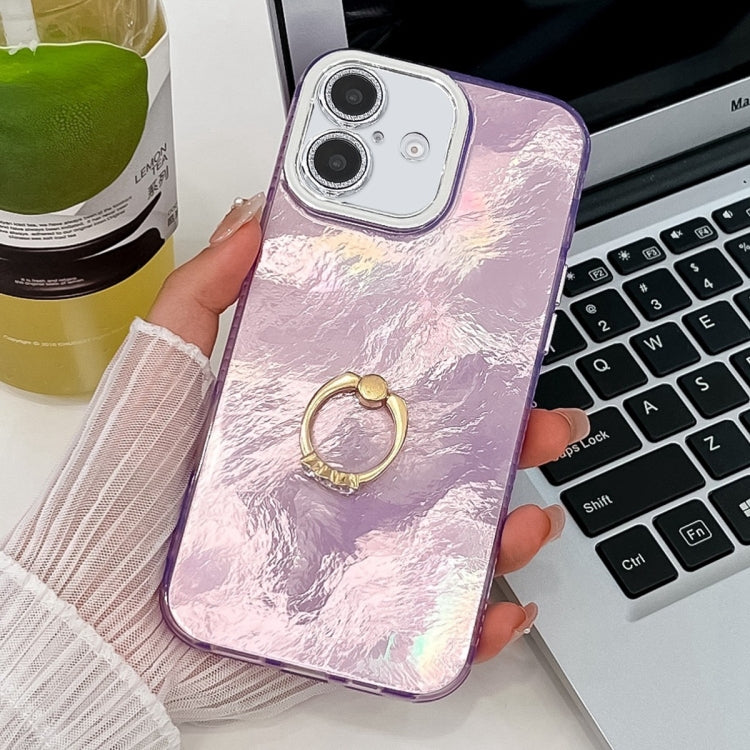 Plating Glitter Texture Ring Holder TPU Phone Case with Lens Film, For iPhone 16 Plus, For iPhone 16
