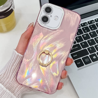 Plating Glitter Texture Ring Holder TPU Phone Case with Lens Film, For iPhone 16 Plus, For iPhone 16