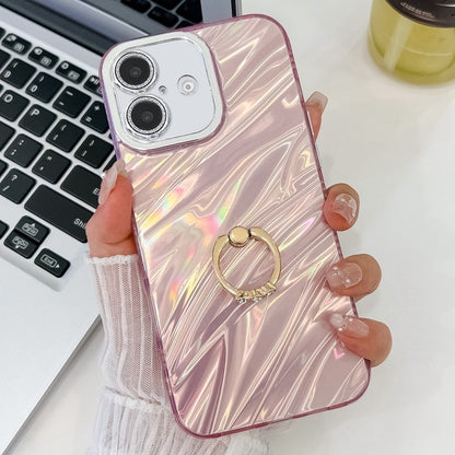 Plating Glitter Texture Ring Holder TPU Phone Case with Lens Film, For iPhone 16 Plus, For iPhone 16