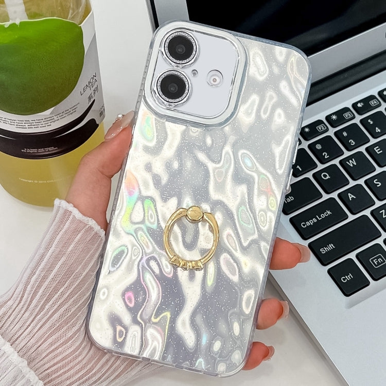 Plating Glitter Texture Ring Holder TPU Phone Case with Lens Film, For iPhone 16 Plus, For iPhone 16