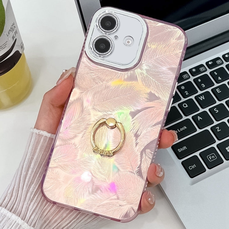 Plating Glitter Texture Ring Holder TPU Phone Case with Lens Film, For iPhone 16 Plus, For iPhone 16