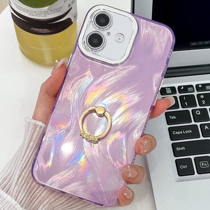 Plating Glitter Texture Ring Holder TPU Phone Case with Lens Film, For iPhone 16 Plus, For iPhone 16