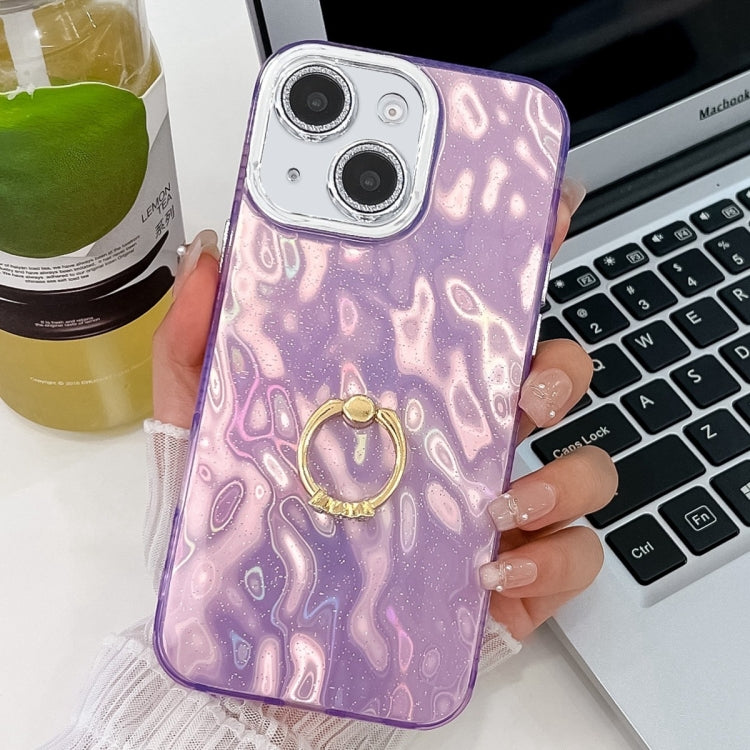 Plating Glitter Texture Ring Holder TPU Phone Case with Lens Film, For iPhone 15, For iPhone 14