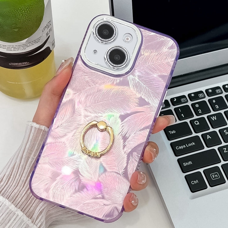 Plating Glitter Texture Ring Holder TPU Phone Case with Lens Film, For iPhone 15, For iPhone 14