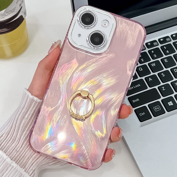 Plating Glitter Texture Ring Holder TPU Phone Case with Lens Film, For iPhone 15, For iPhone 14