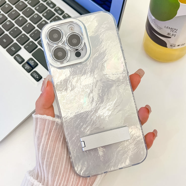 Plating Glitter Texture Fold Holder TPU Phone Case with Lens Film, For iPhone 16 Pro, For iPhone 16 Plus