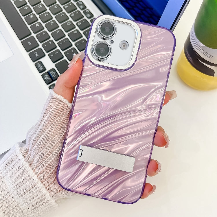 Plating Glitter Texture Fold Holder TPU Phone Case with Lens Film, For iPhone 16 Pro, For iPhone 16 Plus