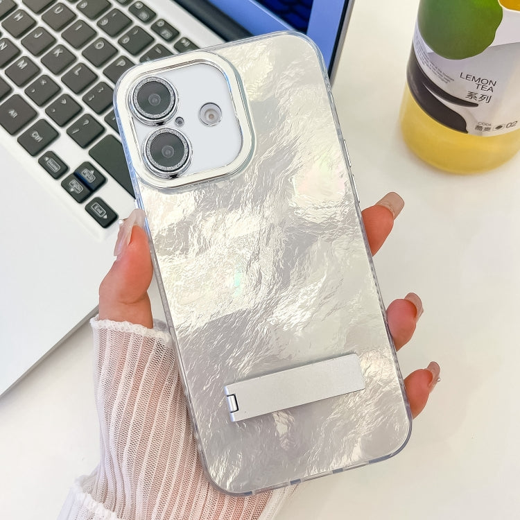 Plating Glitter Texture Fold Holder TPU Phone Case with Lens Film, For iPhone 16 Pro, For iPhone 16 Plus