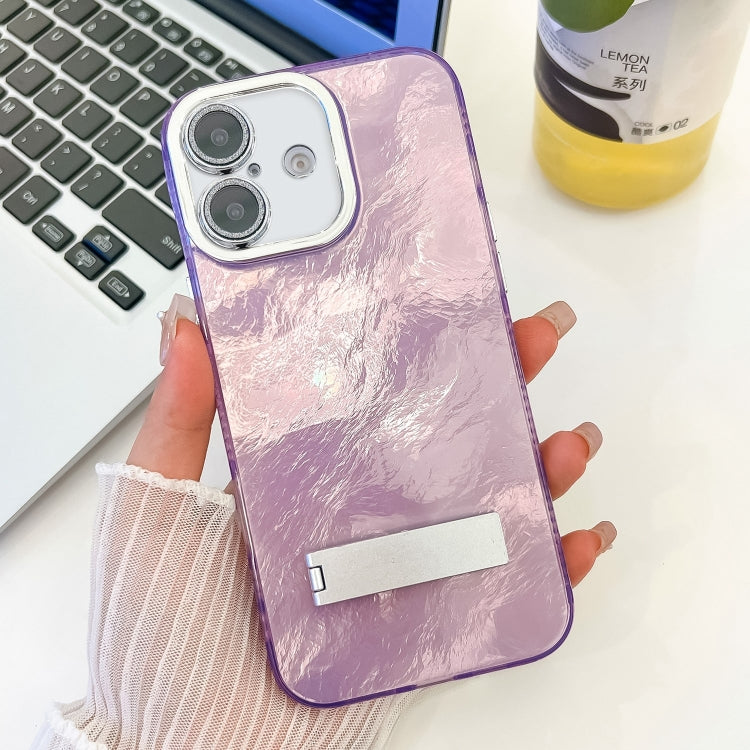 Plating Glitter Texture Fold Holder TPU Phone Case with Lens Film, For iPhone 16 Pro, For iPhone 16 Plus