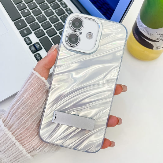 Plating Glitter Texture Fold Holder TPU Phone Case with Lens Film, For iPhone 16, For iPhone 15 Pro Max