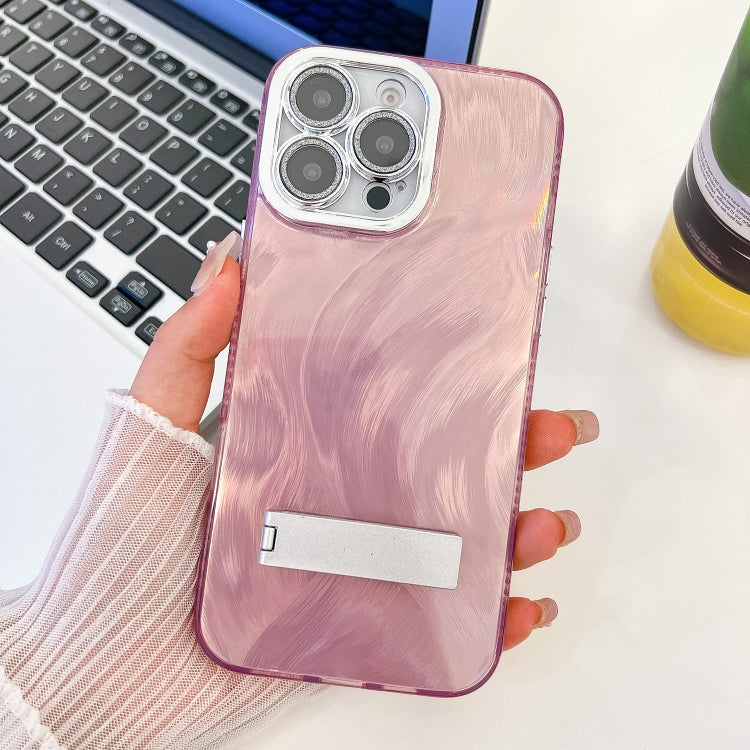 Plating Glitter Texture Fold Holder TPU Phone Case with Lens Film, For iPhone 15 Pro, For iPhone 15