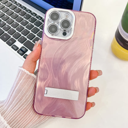 Plating Glitter Texture Fold Holder TPU Phone Case with Lens Film, For iPhone 15 Pro, For iPhone 15