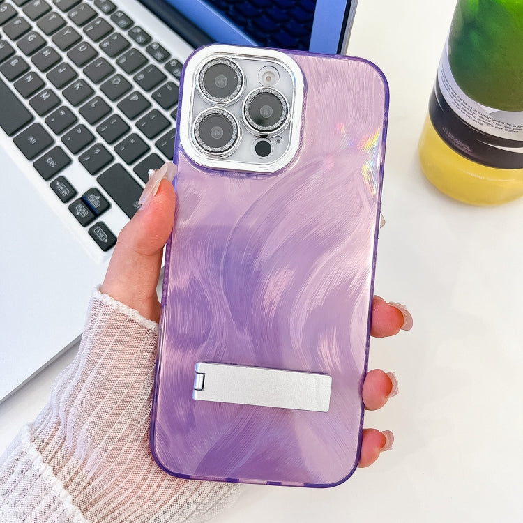 Plating Glitter Texture Fold Holder TPU Phone Case with Lens Film, For iPhone 15 Pro, For iPhone 15