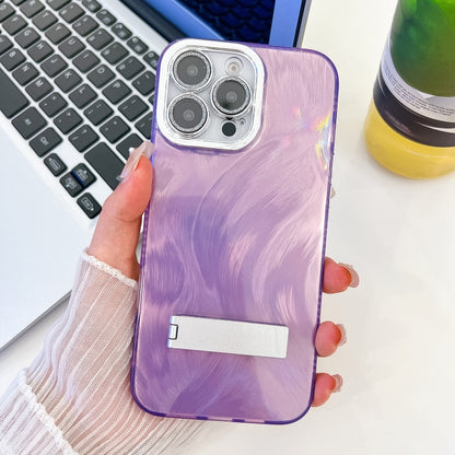 Plating Glitter Texture Fold Holder TPU Phone Case with Lens Film, For iPhone 15 Pro, For iPhone 15